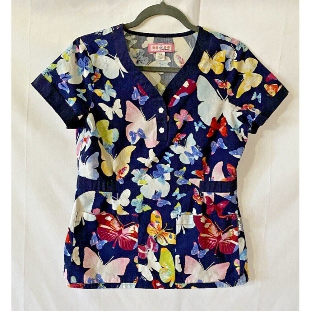 Koi by Kathy Peterson Scrub Top XS Butterfly Print Medical Nurse
